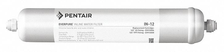 INLINE WATER FILTER: 0.8 GPM FLOW RATE, 4,800 GAL, 10 ½ IN H, 2½ IN DIA