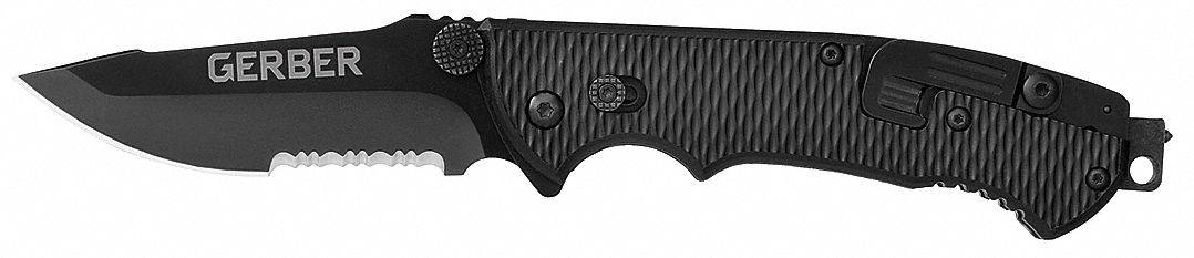Folding Knife: 3 1/2 in Blade Lg, 5 in Closed Lg, 8 1/2 in Overall Lg, Plastic, Serrated