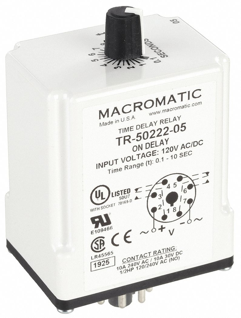 Single Function Time Delay Relay: Socket Mounted, 120V AC/DC, 10 A, 8 Pins/Terminals