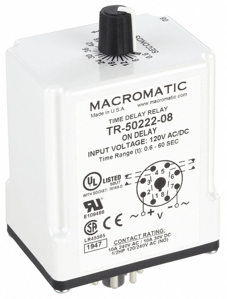 Single Function Time Delay Relay: Socket Mounted, 120V AC/DC, 10 A, 8 Pins/Terminals
