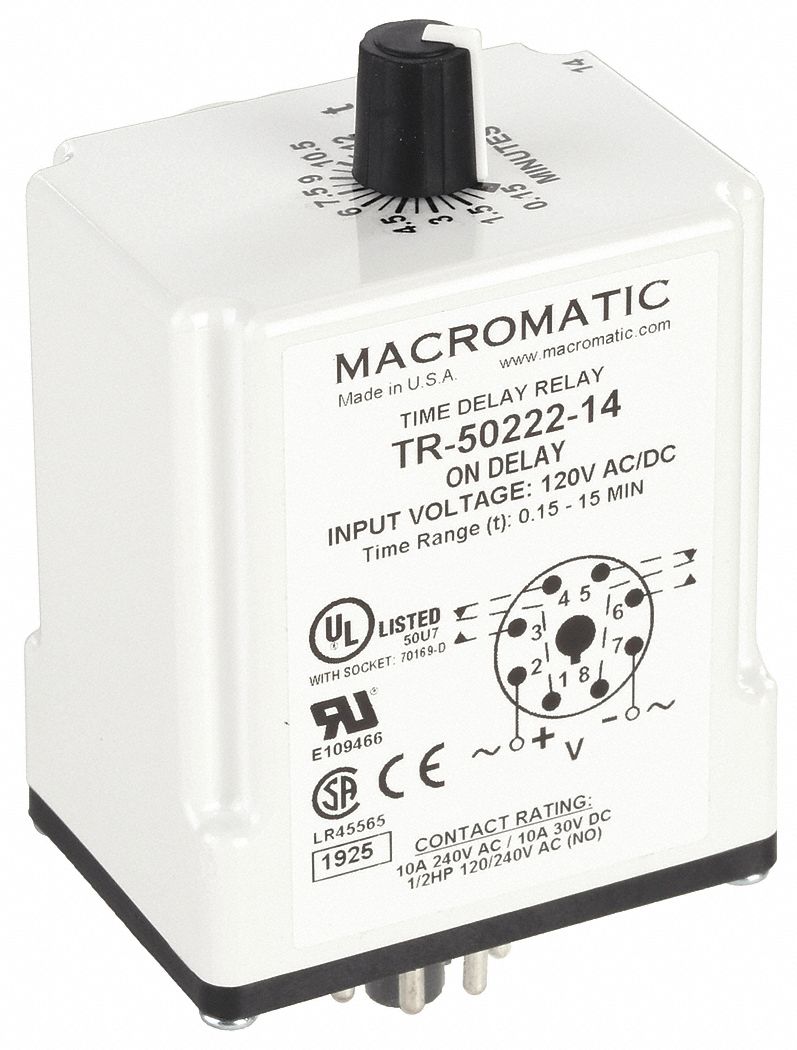 Single Function Time Delay Relay: Socket Mounted, 120V AC/DC, 10 A, 8 Pins/Terminals