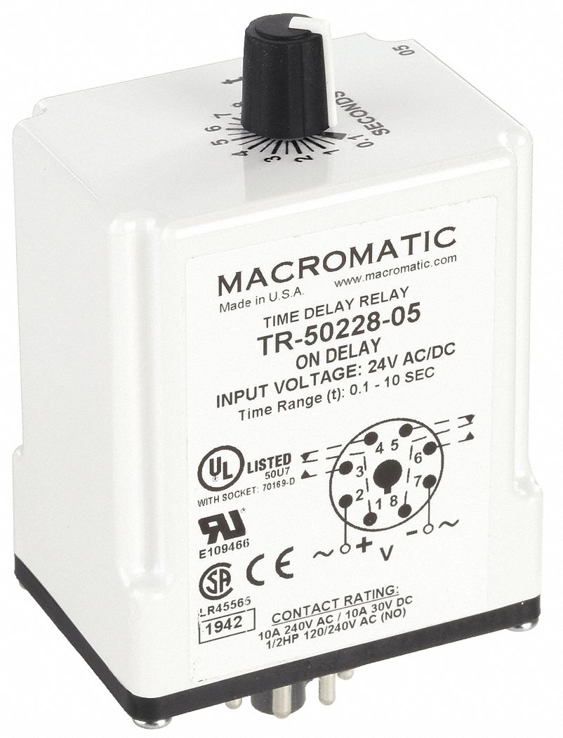 Single Function Time Delay Relay: Socket Mounted, 24V AC/DC, 10 A, 8 Pins/Terminals