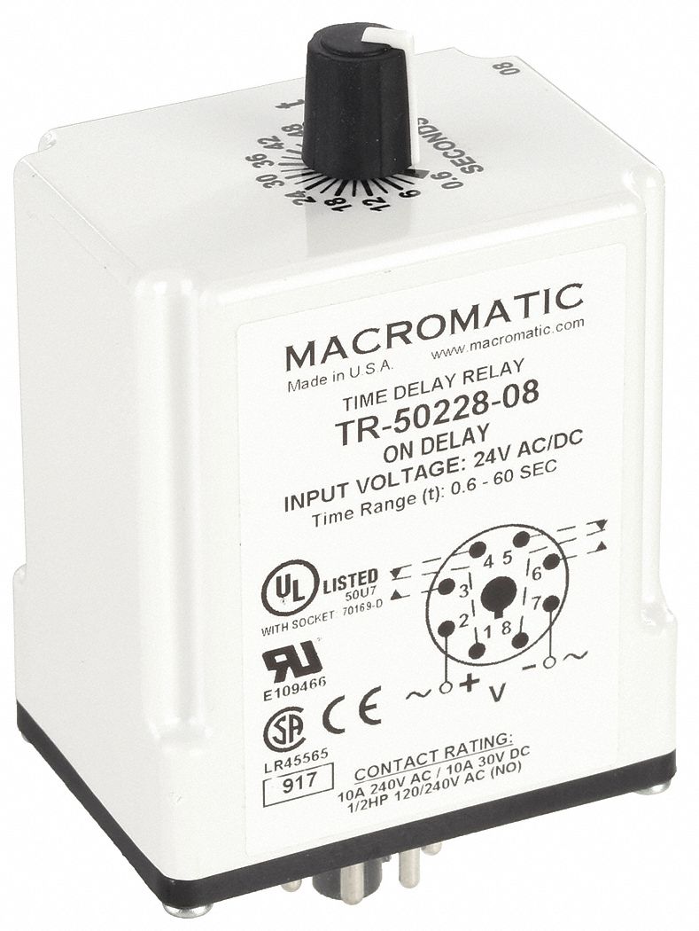 Single Function Time Delay Relay: Socket Mounted, 24V AC/DC, 10 A, 8 Pins/Terminals