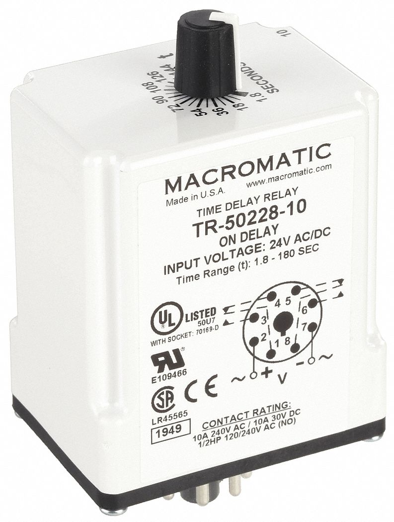 Single Function Time Delay Relay: Socket Mounted, 24V AC/DC, 10 A, 8 Pins/Terminals