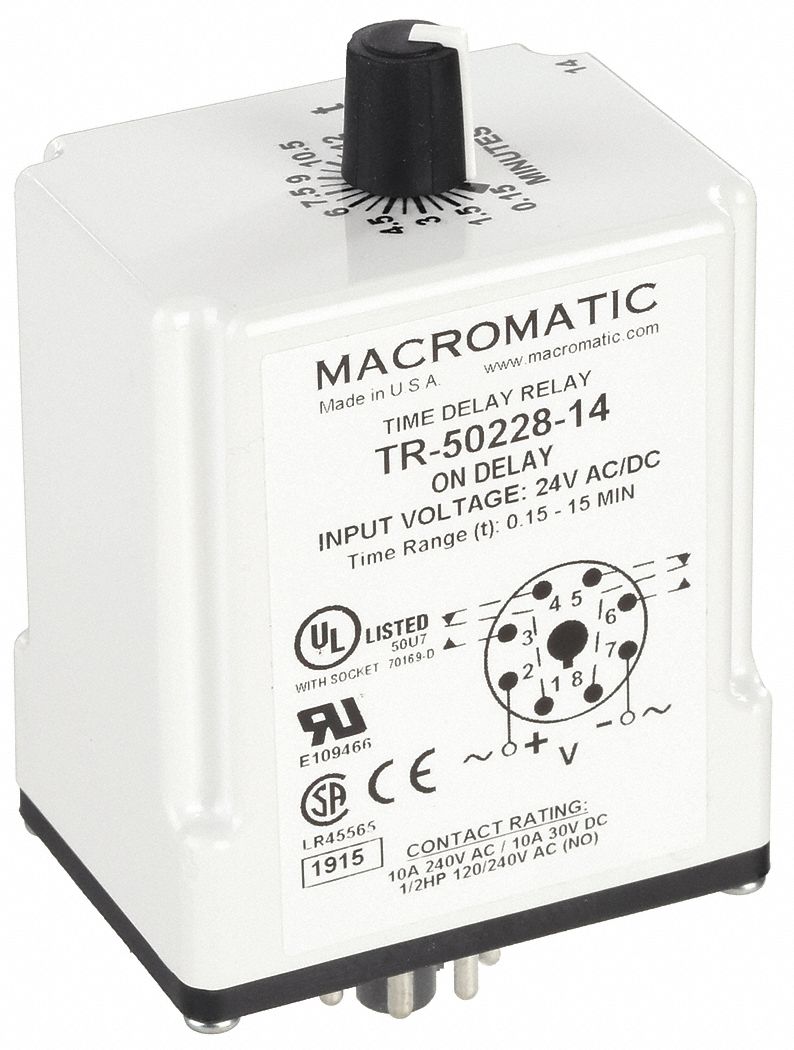 Single Function Time Delay Relay: Socket Mounted, 24V AC/DC, 10 A, 8 Pins/Terminals