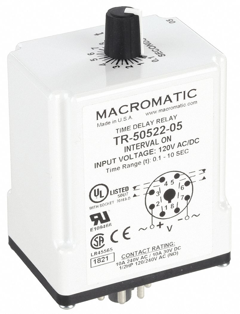 Single Function Time Delay Relay: Socket Mounted, 120V AC/DC, 10 A, 8 Pins/Terminals