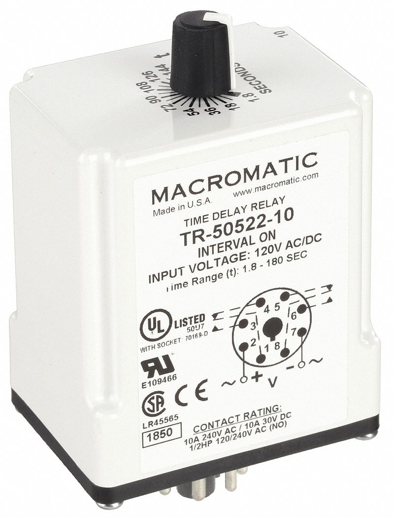 Single Function Time Delay Relay: Socket Mounted, 120V AC/DC, 10 A, 8 Pins/Terminals