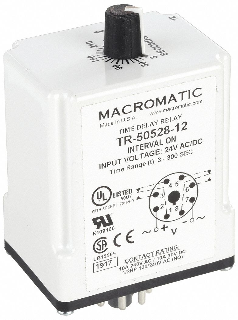 Single Function Time Delay Relay: Socket Mounted, 24V AC/DC, 10 A, 8 Pins/Terminals