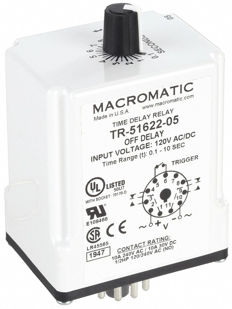 Single Function Time Delay Relay: Socket Mounted, 120V AC/DC, 10 A, 11 Pins/Terminals