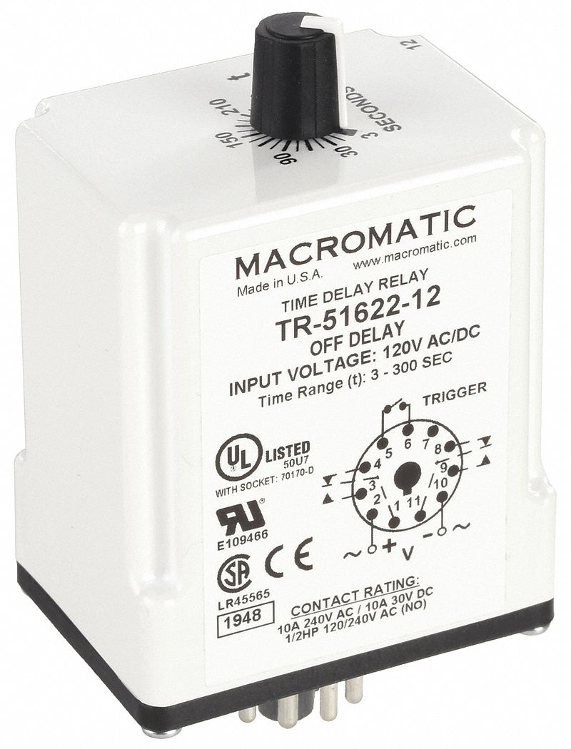 Single Function Time Delay Relay: Socket Mounted, 120V AC/DC, 10 A, 11 Pins/Terminals