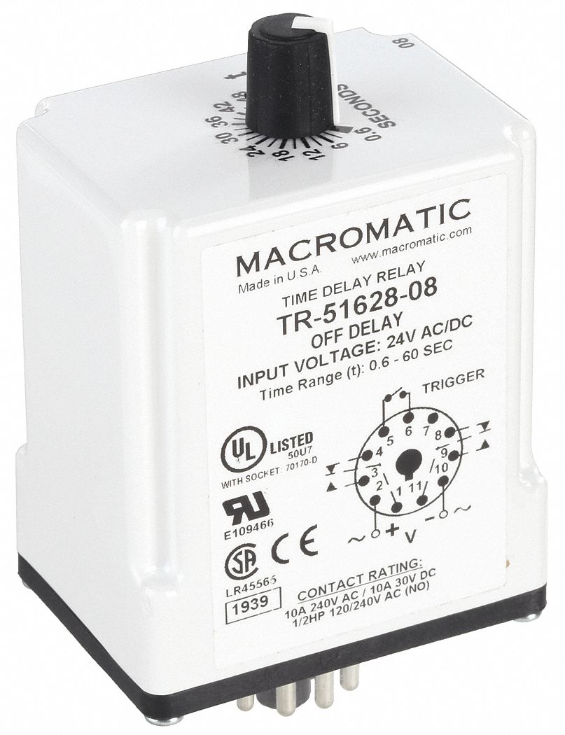Single Function Time Delay Relay: Socket Mounted, 24V AC/DC, 10 A, 11 Pins/Terminals