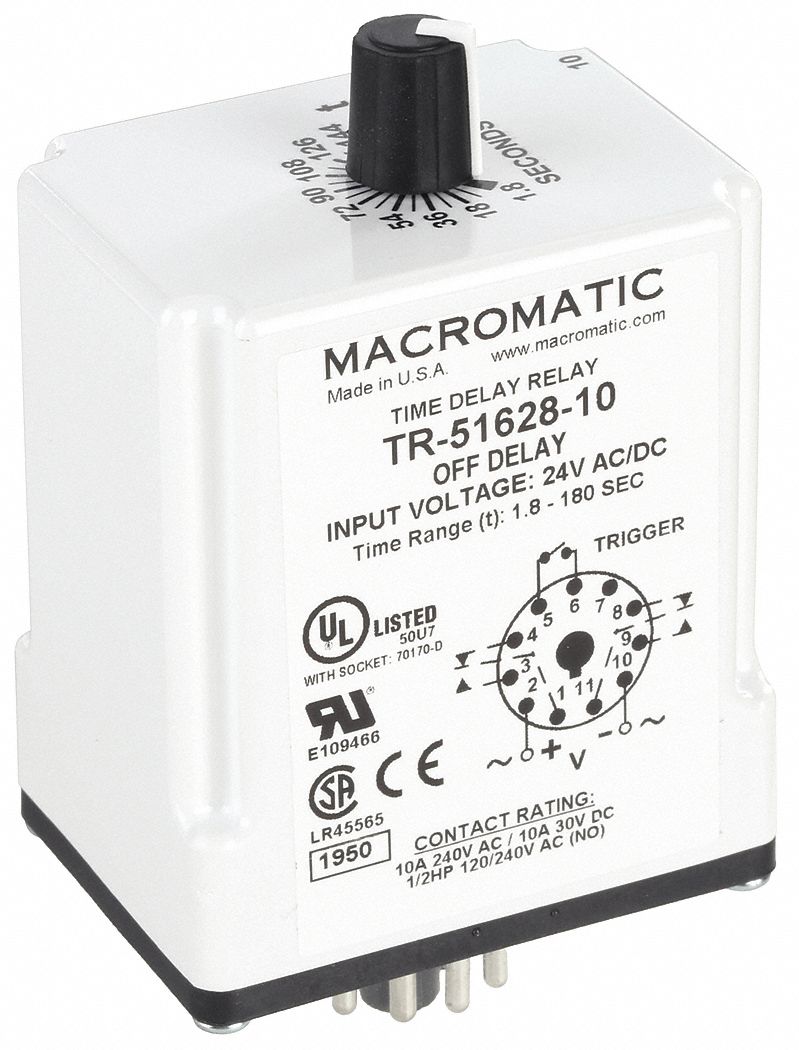 Single Function Time Delay Relay: Socket Mounted, 24V AC/DC, 10 A, 11 Pins/Terminals