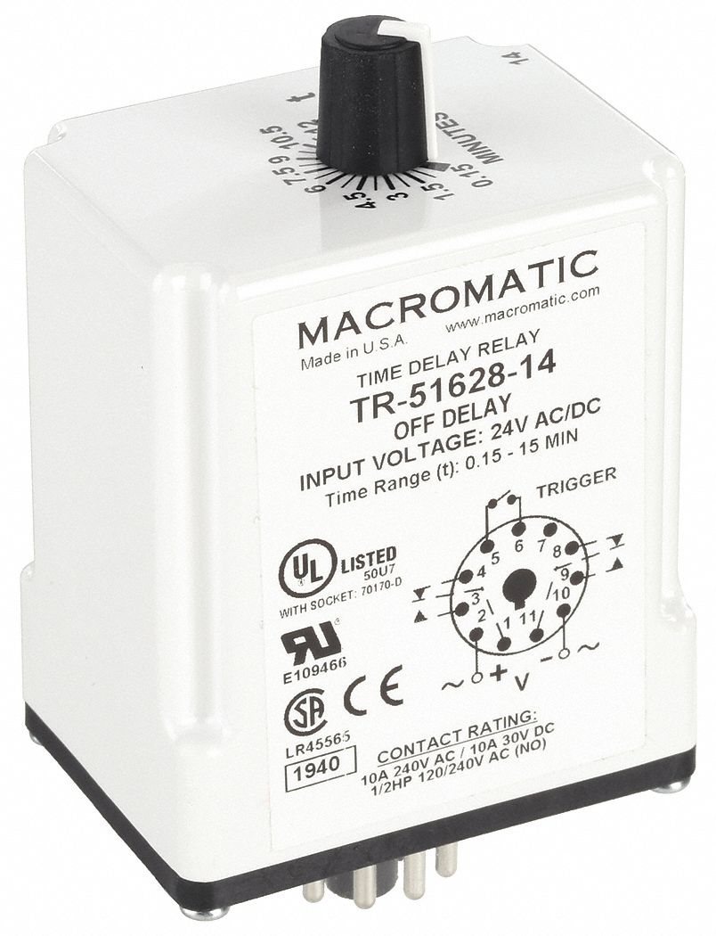 Single Function Time Delay Relay: Socket Mounted, 24V AC/DC, 10 A, 11 Pins/Terminals
