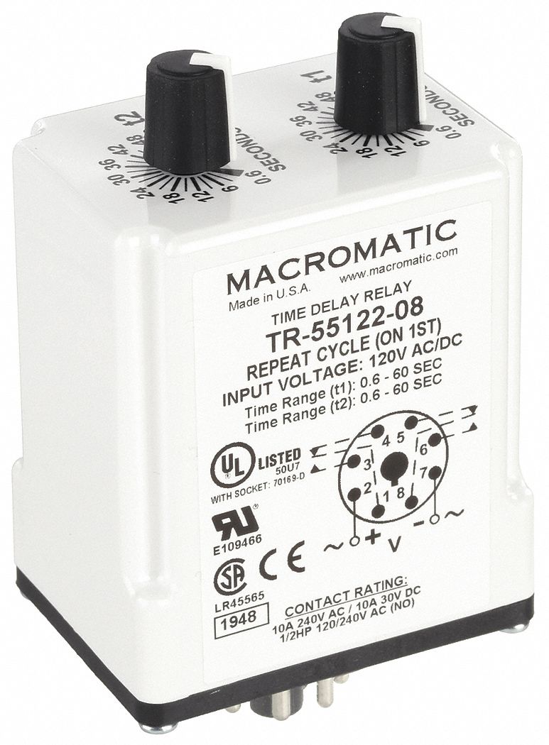 Single Function Time Delay Relay: Socket Mounted, 120V AC/DC, 10 A, 8 Pins/Terminals