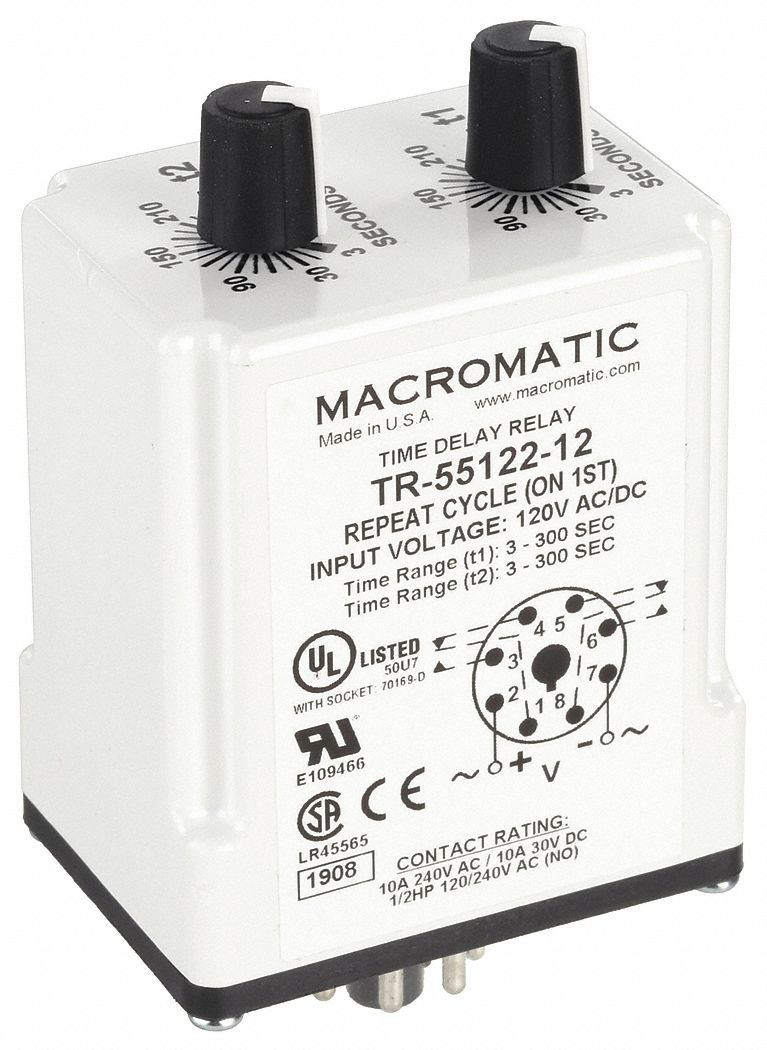 Single Function Time Delay Relay: Socket Mounted, 120V AC/DC, 10 A, 8 Pins/Terminals