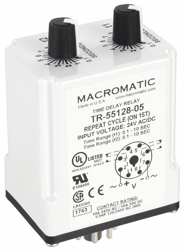 Single Function Time Delay Relay: Socket Mounted, 24V AC/DC, 10 A, 8 Pins/Terminals