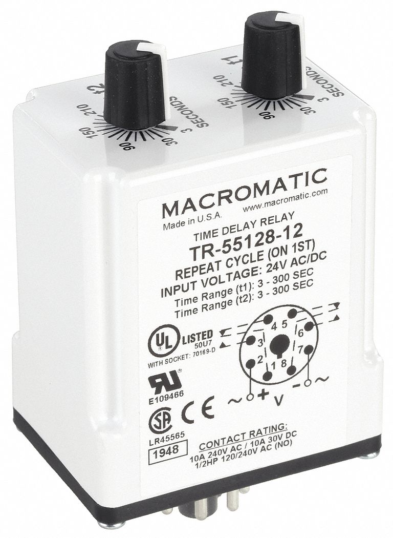 Single Function Time Delay Relay: Socket Mounted, 24V AC/DC, 10 A, 8 Pins/Terminals