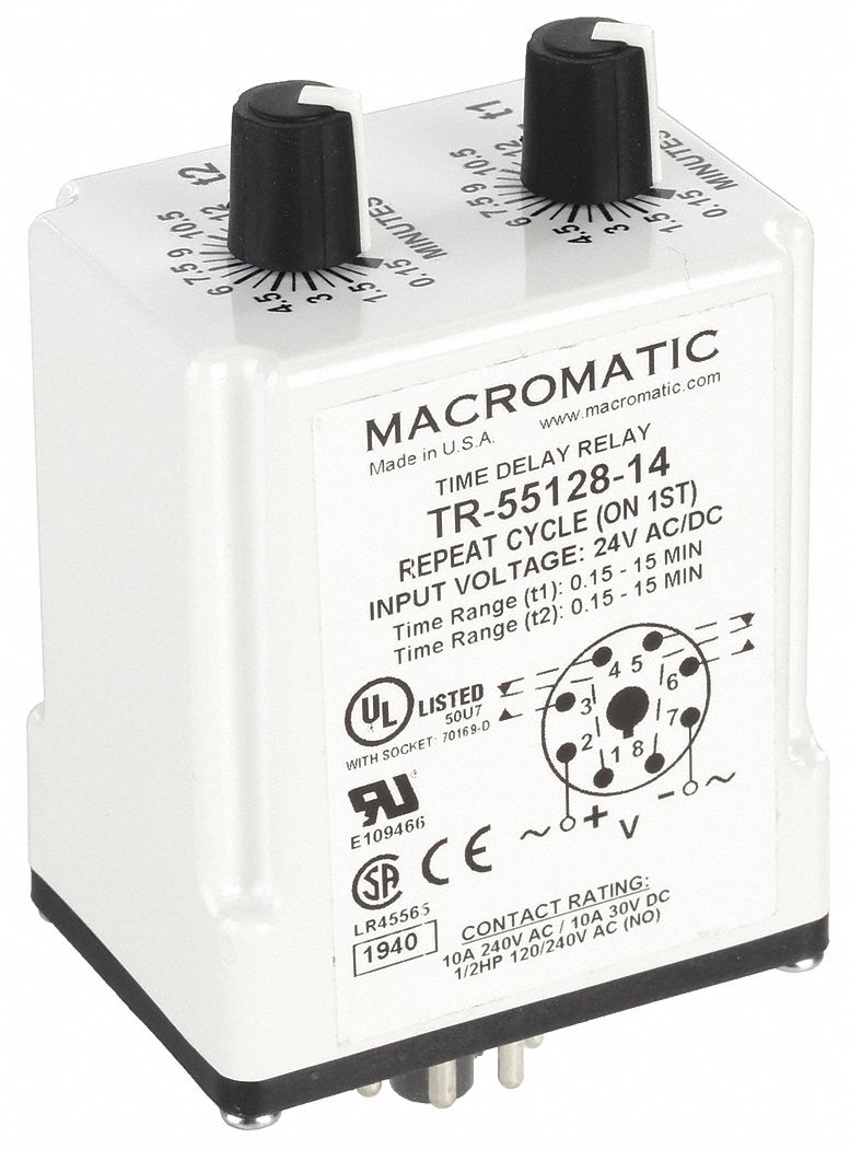 Single Function Time Delay Relay: Socket Mounted, 24V AC/DC, 10 A, 8 Pins/Terminals