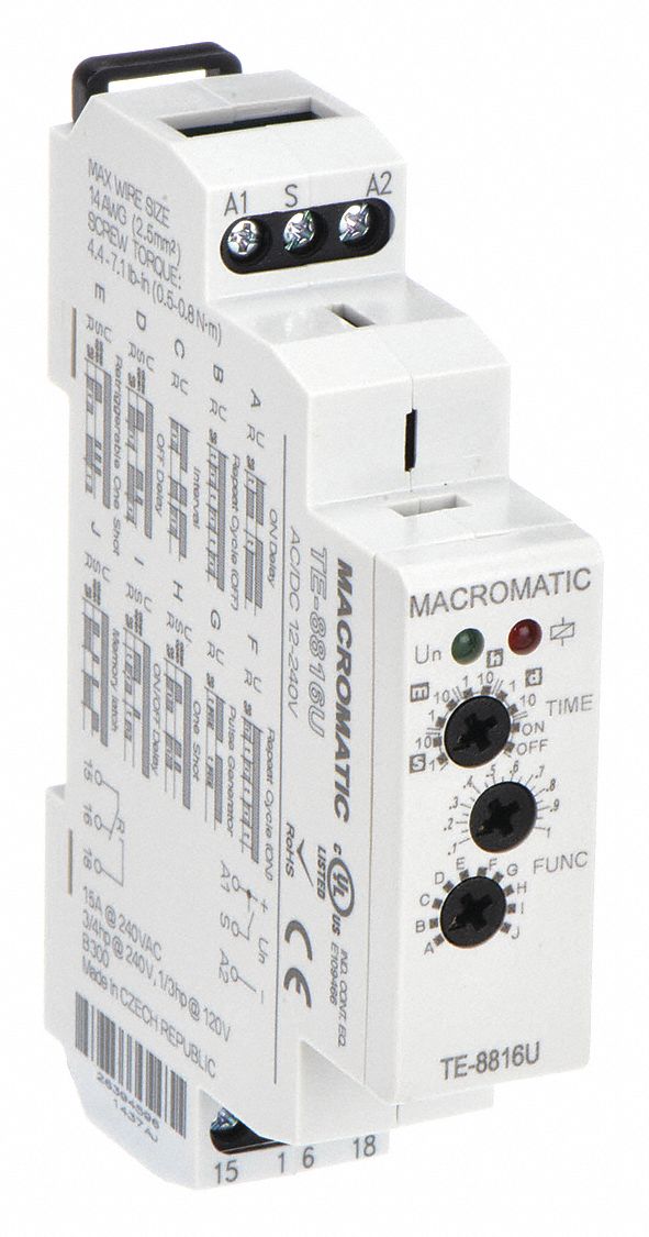 MULTI-FUNCTION TIME DELAY RELAY, DIN-RAIL MOUNTED, 12 TO 240V AC/DC, 15 A