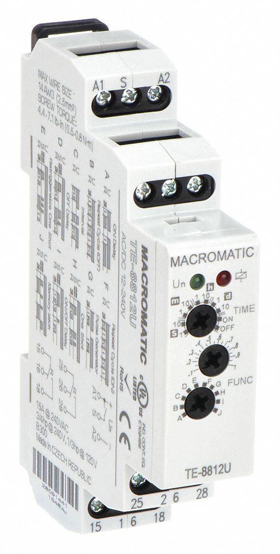 MULTI-FUNCTION TIME DELAY RELAY, DIN-RAIL MOUNTED, 12 TO 240V AC/DC, 15 A