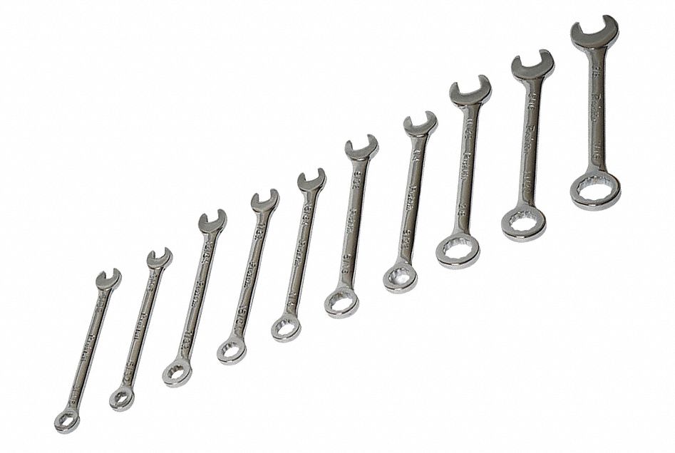 Combination Wrench Set: Alloy Steel, Chrome, 10 Tools, 15° Head Offset Angle, Offset, Pouch