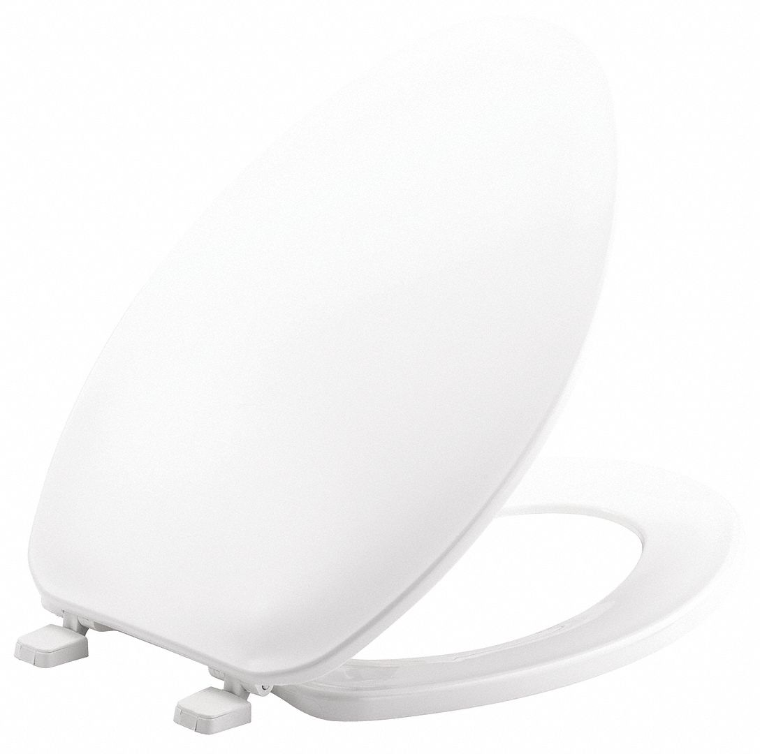 TOILET SEAT: WHITE, PLASTIC, EXTERNAL CHECK HINGE, 1⅝ IN SEAT H, 18 ⅝ IN BOLT TO SEAT FRONT