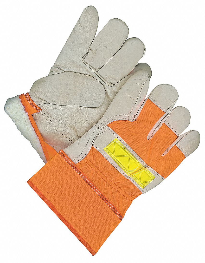 LINED COWHIDE FITTER GLOVES W/SAFETY CUFF, UNIVERSAL, HI-VIS ORNG, ELASTIC RUBBERIZED