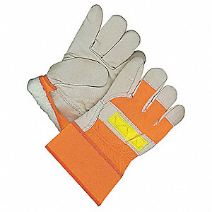 LINED COWHIDE FITTER GLOVES W/SAFETY CUFF, UNIVERSAL, HI-VIS ORNG, ELASTIC RUBBERIZED