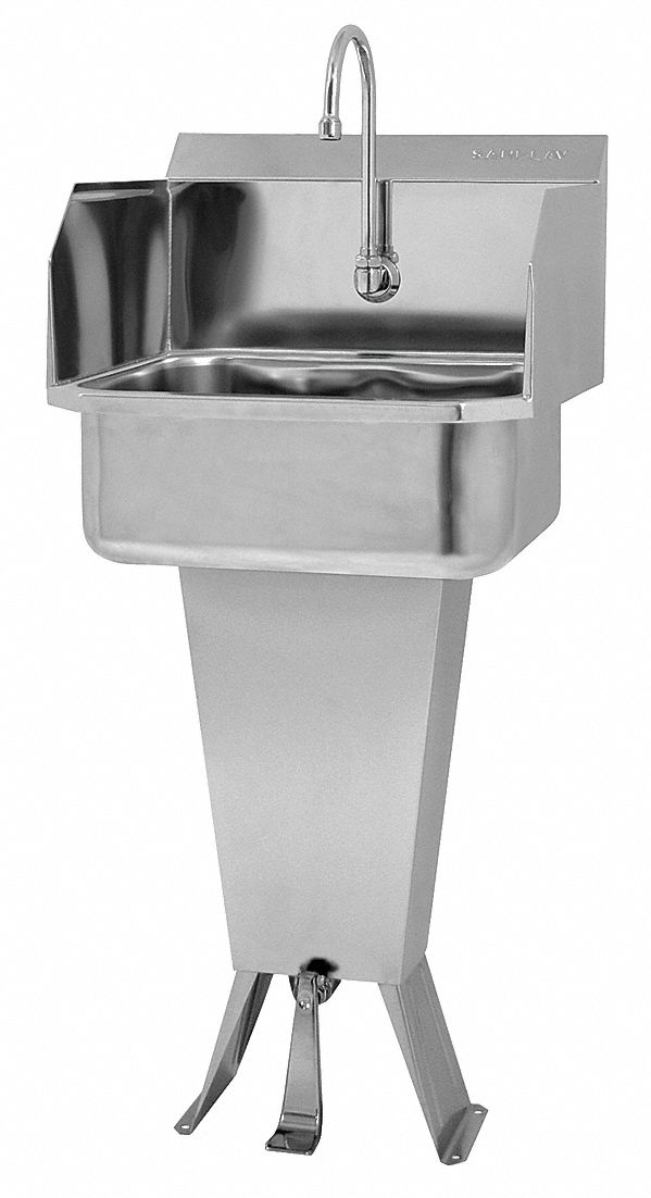 Hand Sink: 41 1/2 in Overall Ht, 17 in Bowl Lg, 7 in Bowl Dp, 2 gpm Flow Rate, 18 ga