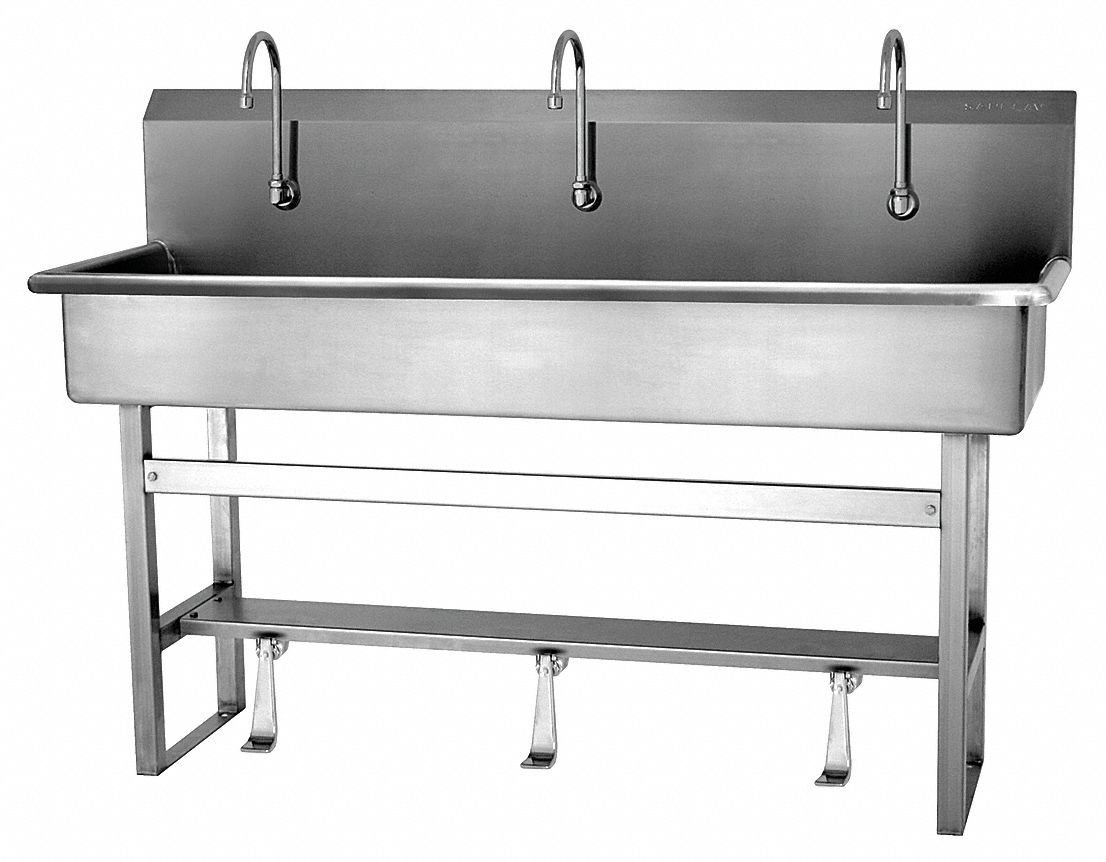 Wash Station: 45 in Overall Ht, 57 in Bowl Lg, 8 in Bowl Dp, 2 gpm Flow Rate, 16 ga