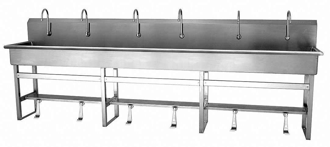 Wash Station: 45 in Overall Ht, 117 in Bowl Lg, 8 in Bowl Dp, 2 gpm Flow Rate, 16 ga