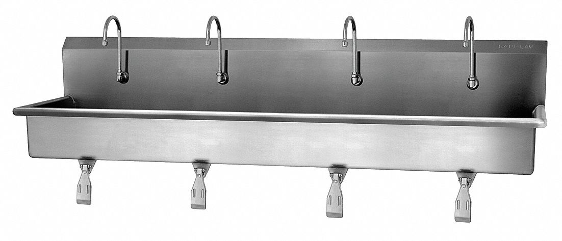 Wash Station: 4 Stations, 8 in Bowl Dp, 77 in Bowl Lg, 16 1/2 in Bowl Wd, Faucet Included