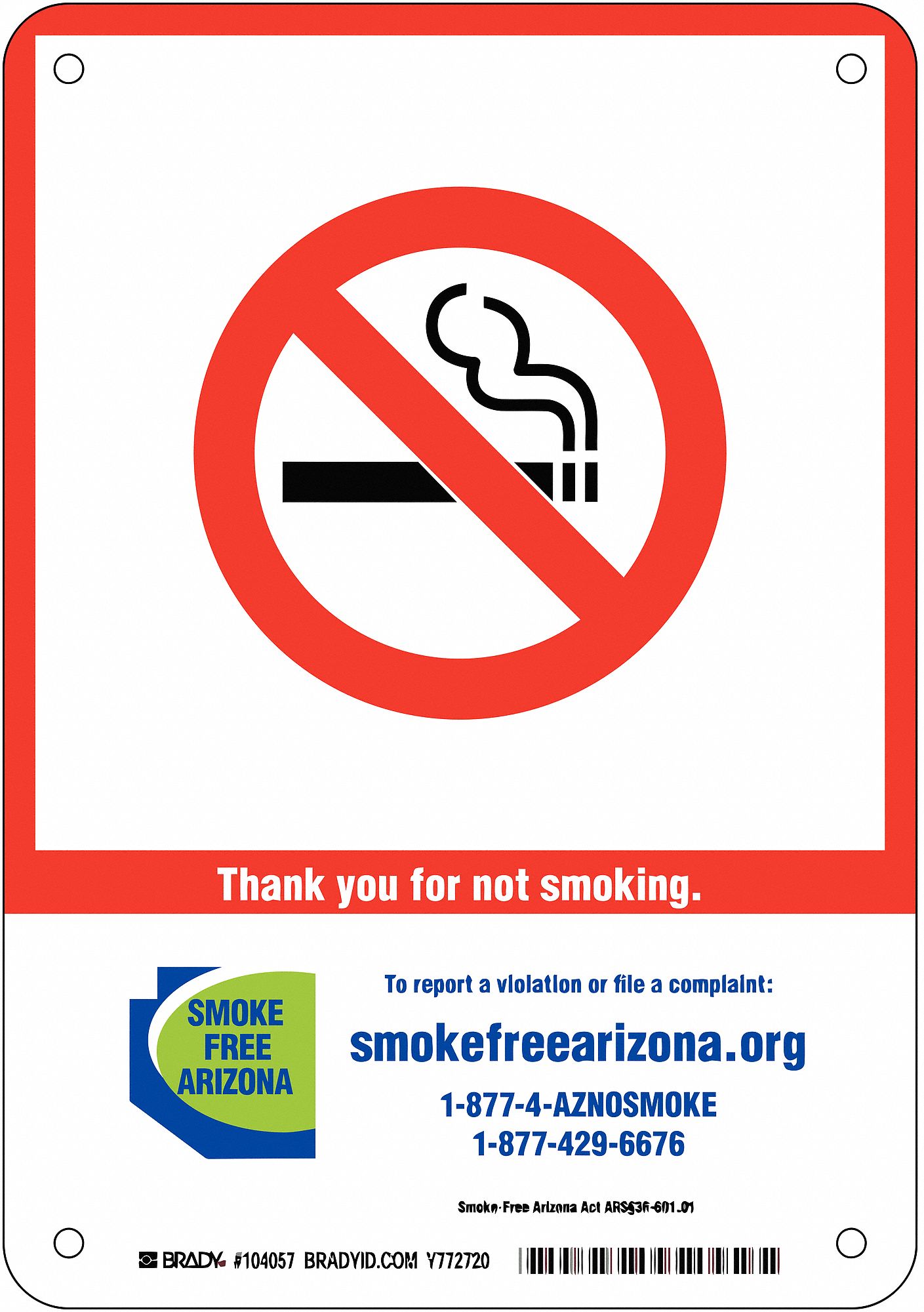 23W261 - AZ State No Smoking Sign 10x7 Plast