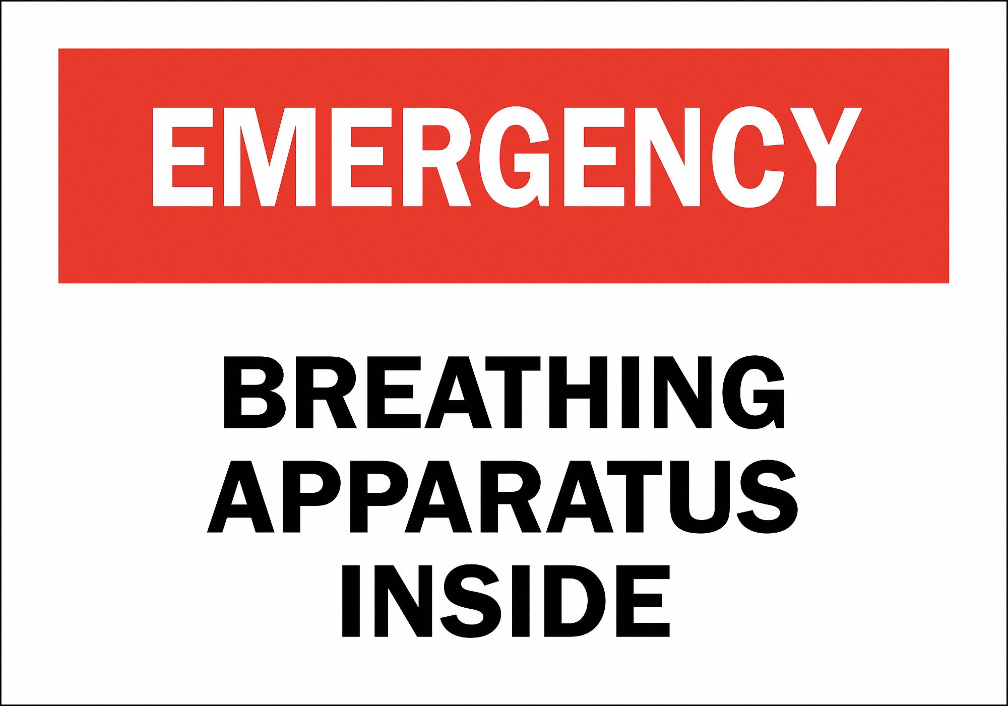 FIRST AID SIGN, POLYESTER, BREATHING APPARATUS INSIDE, HEADER EMERGENCY, RECTANGLE, 10 IN HEIGHT, ADHESIVE MOUNT, WHITE