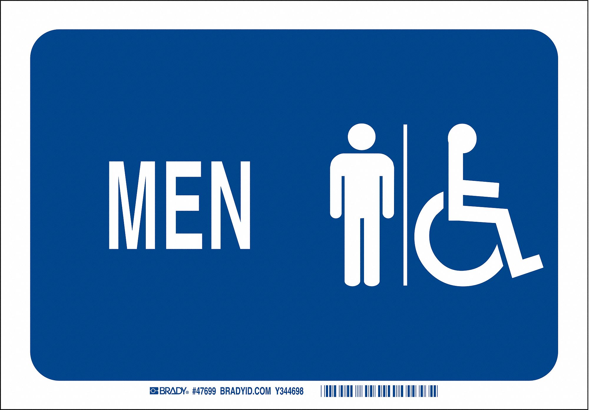 FACILITY SIGN, MEN'S RESTROOM, PLASTIC, 7 IN WIDTH, 10 IN HEIGHT, BLUE/WHITE, WITH MOUNTING HOLES