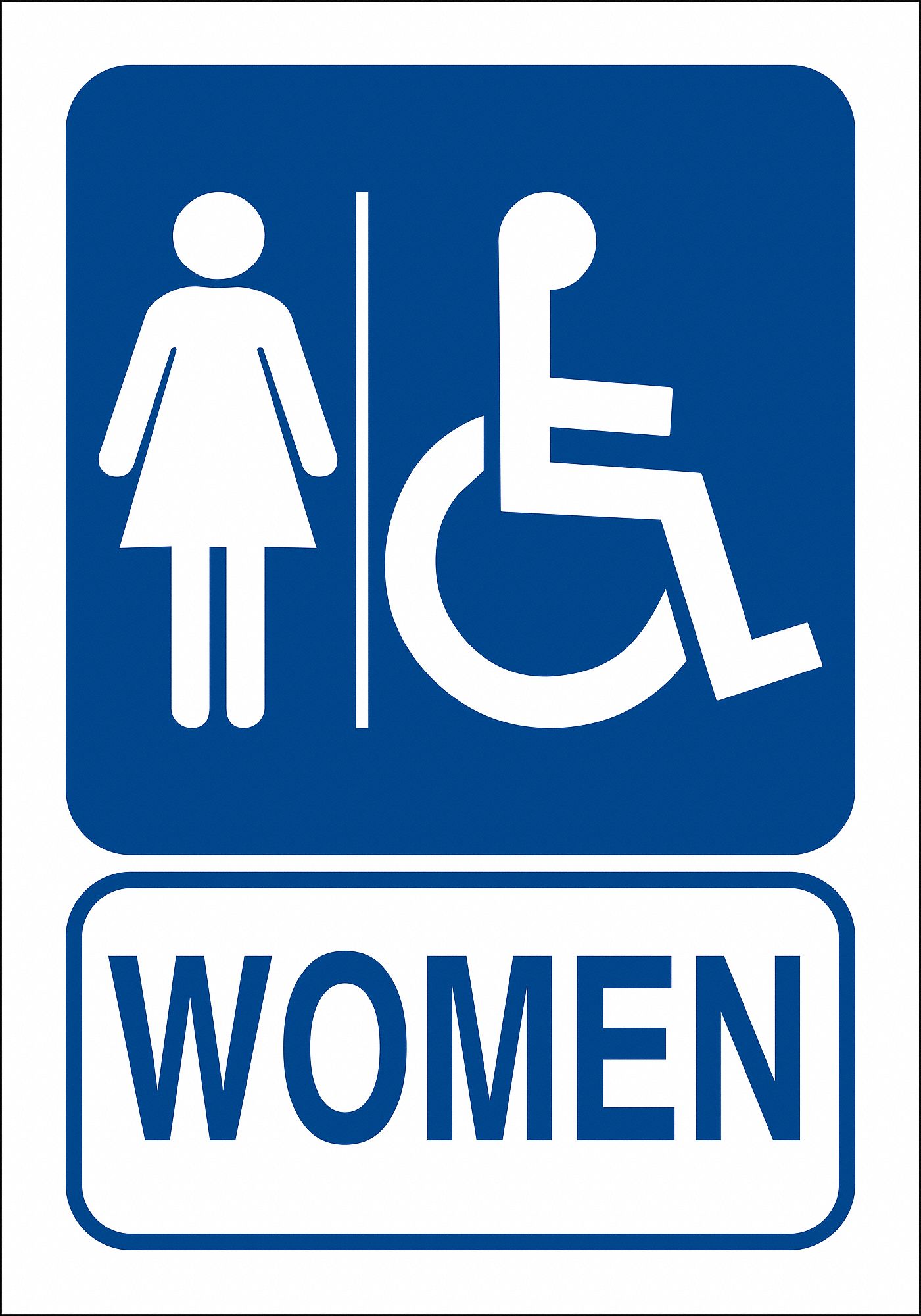 FACILITY SIGN, PLASTIC, 7 IN WIDTH, 10 IN HEIGHT, BLUE/WHITE, WITH MOUNTING HOLES