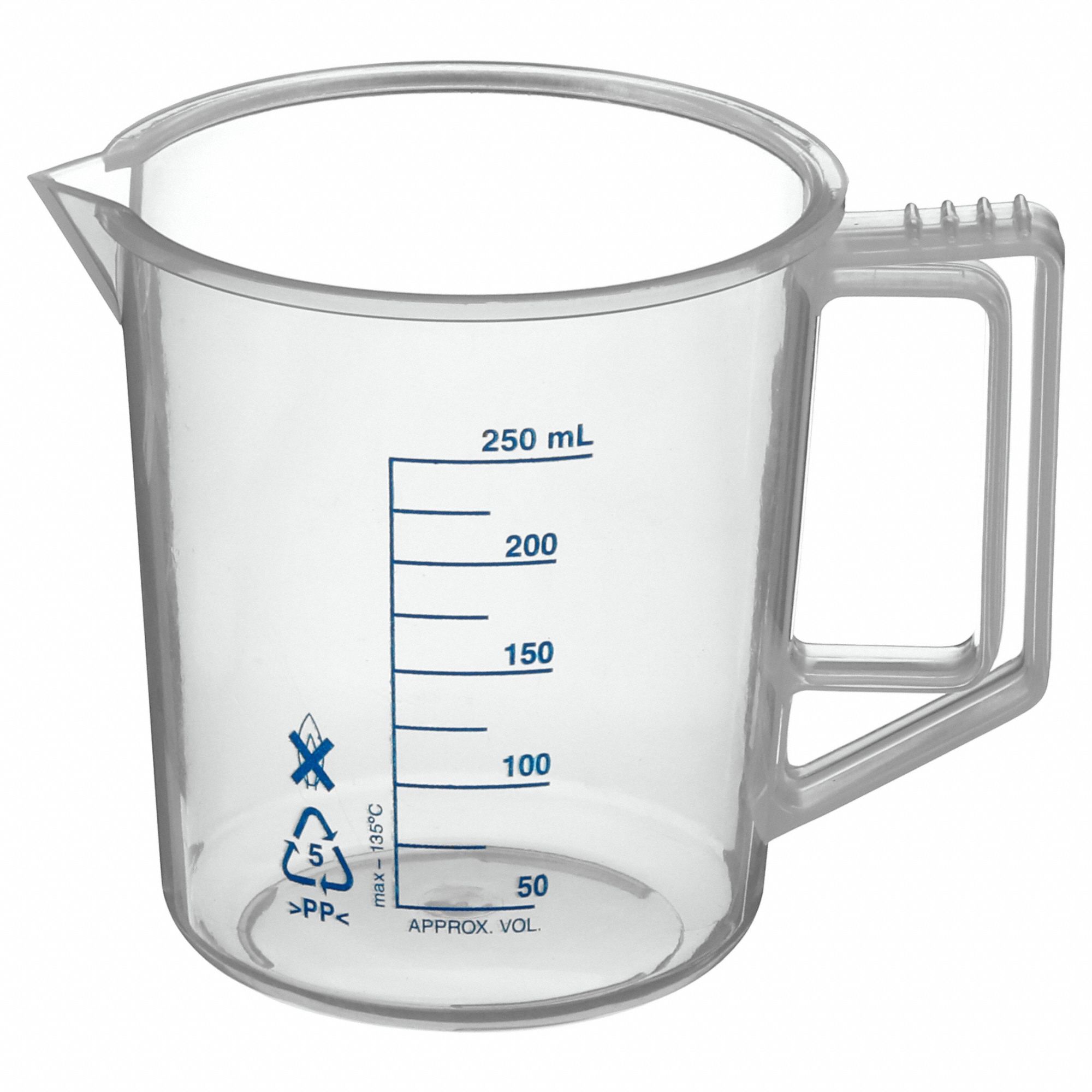 Beaker: Low Form with Handle, 250 mL Capacity - mL, 8.45 fl oz Capacity - oz, 94 mm Outside Dia