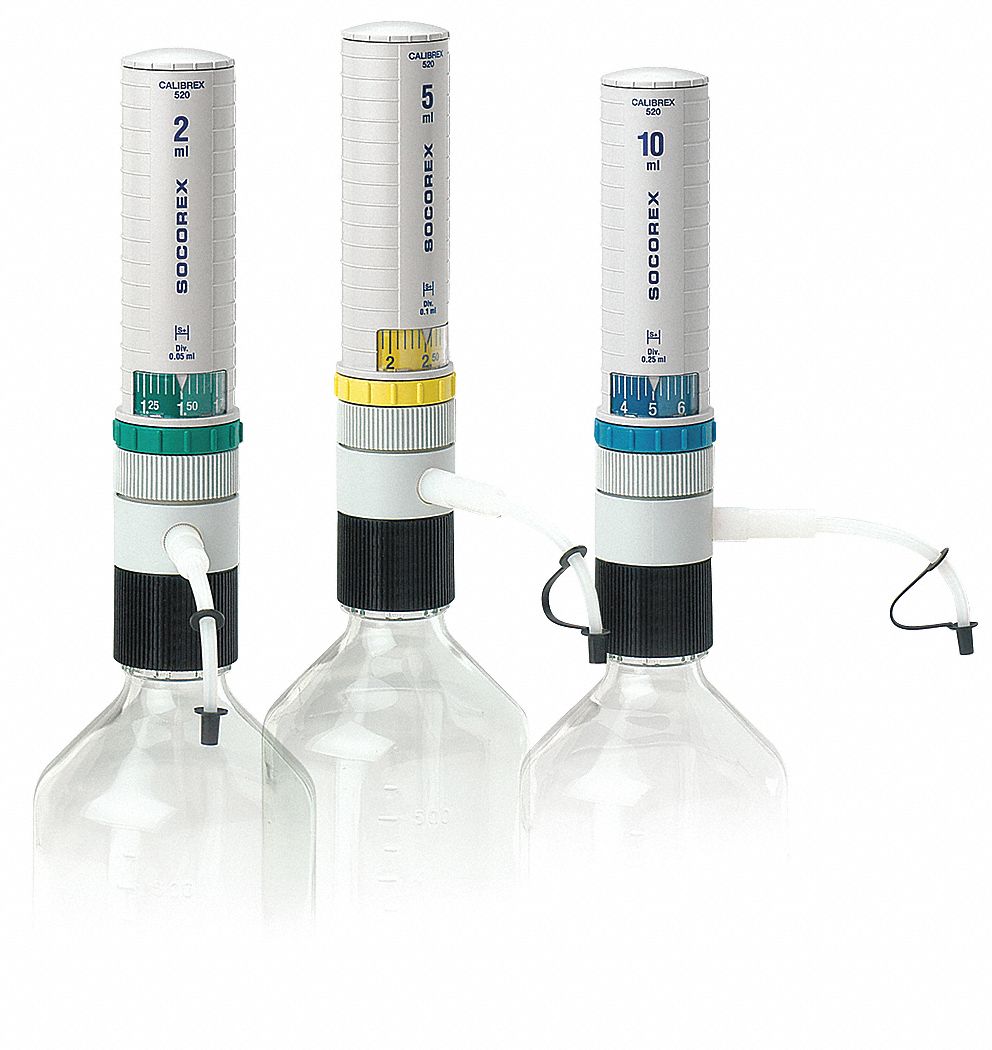 Bottle Top Dispenser: 2 mL Capacity - mL, 0.05 mL Graduation Increments - mL, Bottles