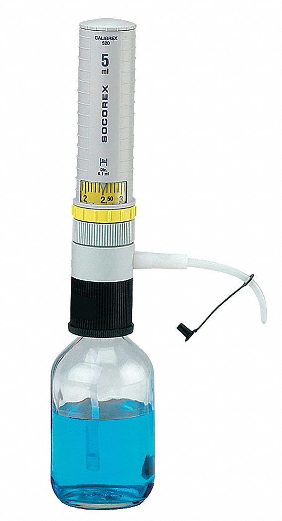 Bottle Top Dispenser: 5 mL Capacity - mL, 0.1 mL Graduation Increments - mL, Bottles