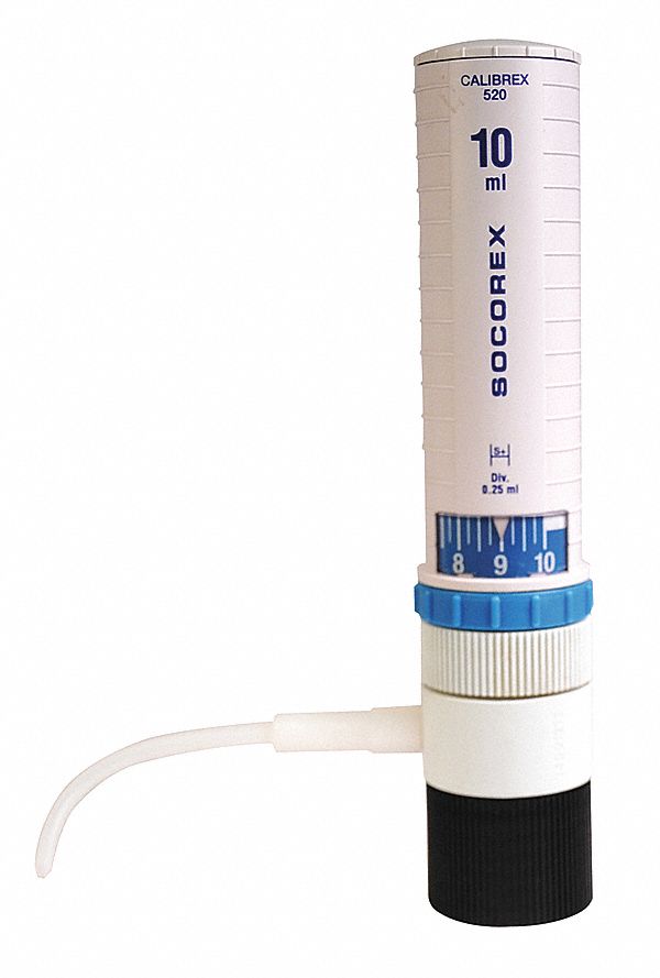 Bottle Top Dispenser: 10 mL Capacity - mL, 0.25 mL Graduation Increments - mL, Bottles