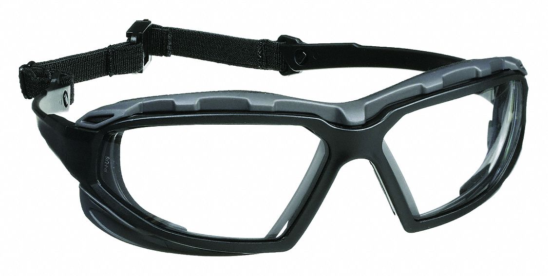 SAFETY GLASSES, FULL-FRAME, WRAPAROUND, NYLON/PC/PVC, ANTI-FOG, BLACK/CLEAR, CSA, UV, M, UNISEX