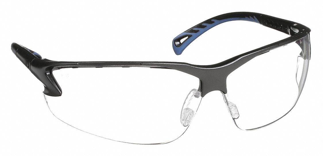 SAFETY GLASSES, HALF-FRAME, WRAPAROUND, PC, ANTI-FOG, ANTI-SCRATCH, BLACK/CLEAR, CSA, M