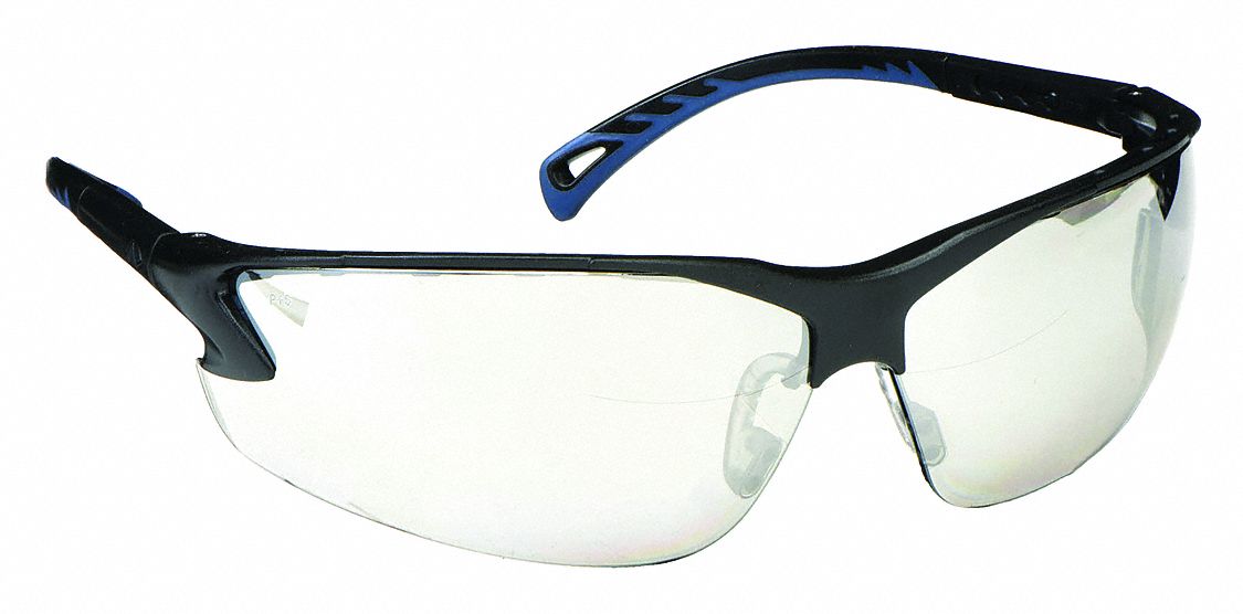 SAFETY GLASSES, HALF-FRAME, WRAPAROUND, PC, ANTI-SCRATCH, BLACK/SILVER MIRROR, CSA, M