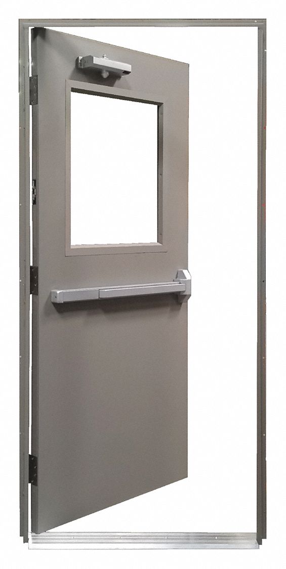 Steel Door with Frame: Quick Mount, Push Bar Rim Exit Device With Locking Trim, RHR