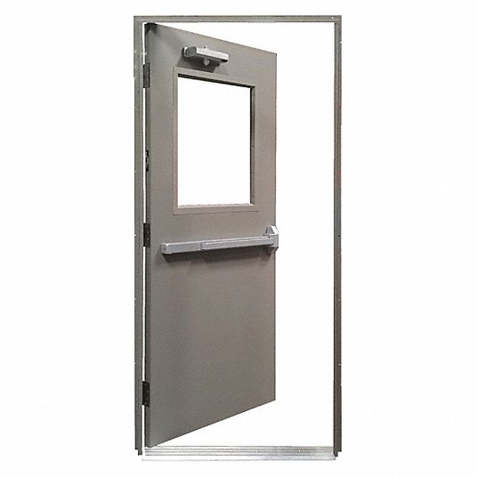 Steel Door with Frame: Quick Mount, Push Bar Rim Exit Device With Locking Trim, RHR