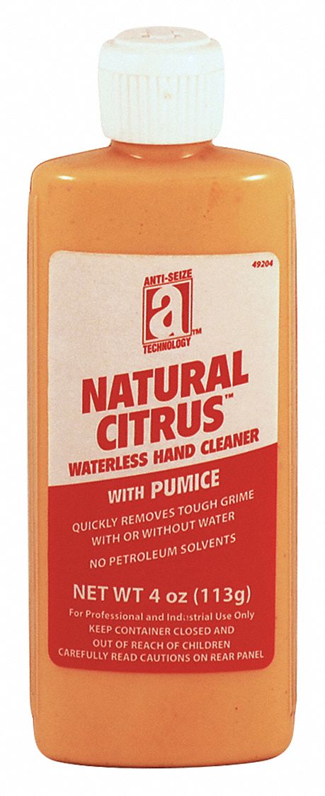 Hand Cleaner: Liquid, Squeeze Bottle, 4 oz, Citrus, Waterless, Includes Grit