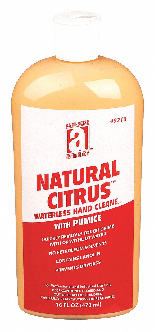 Hand Cleaner: Liquid, Squeeze Bottle, 16 oz, Citrus, Waterless, Includes Grit