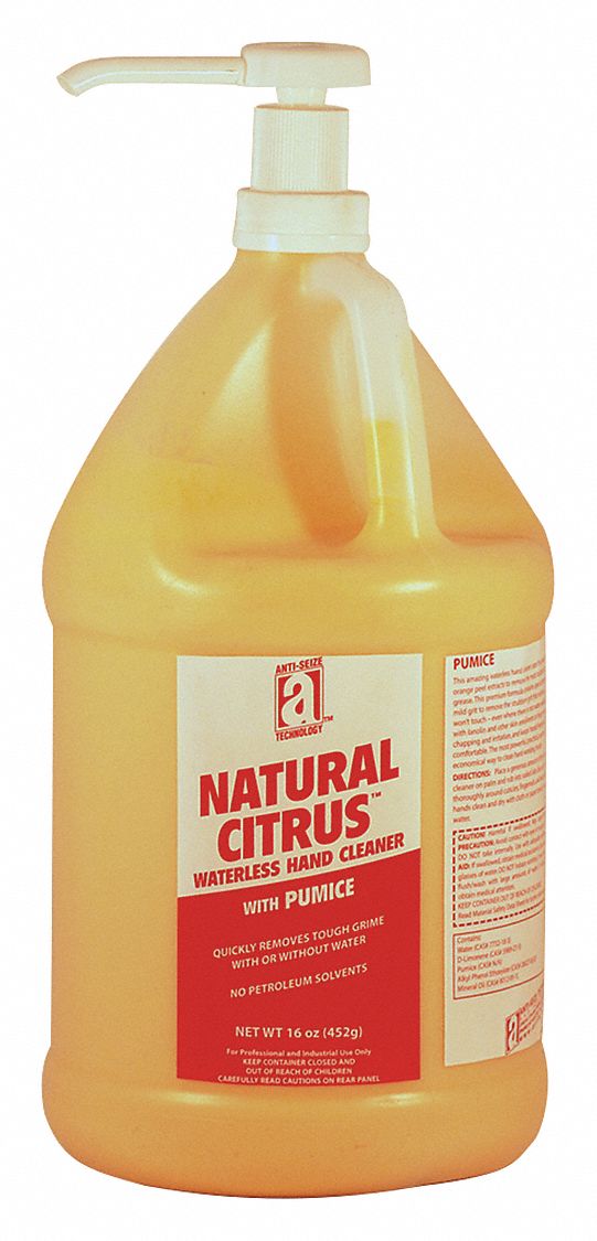 Hand Cleaner: Liquid, Pump Bottle, 1 gal, Citrus, Waterless, Includes Grit