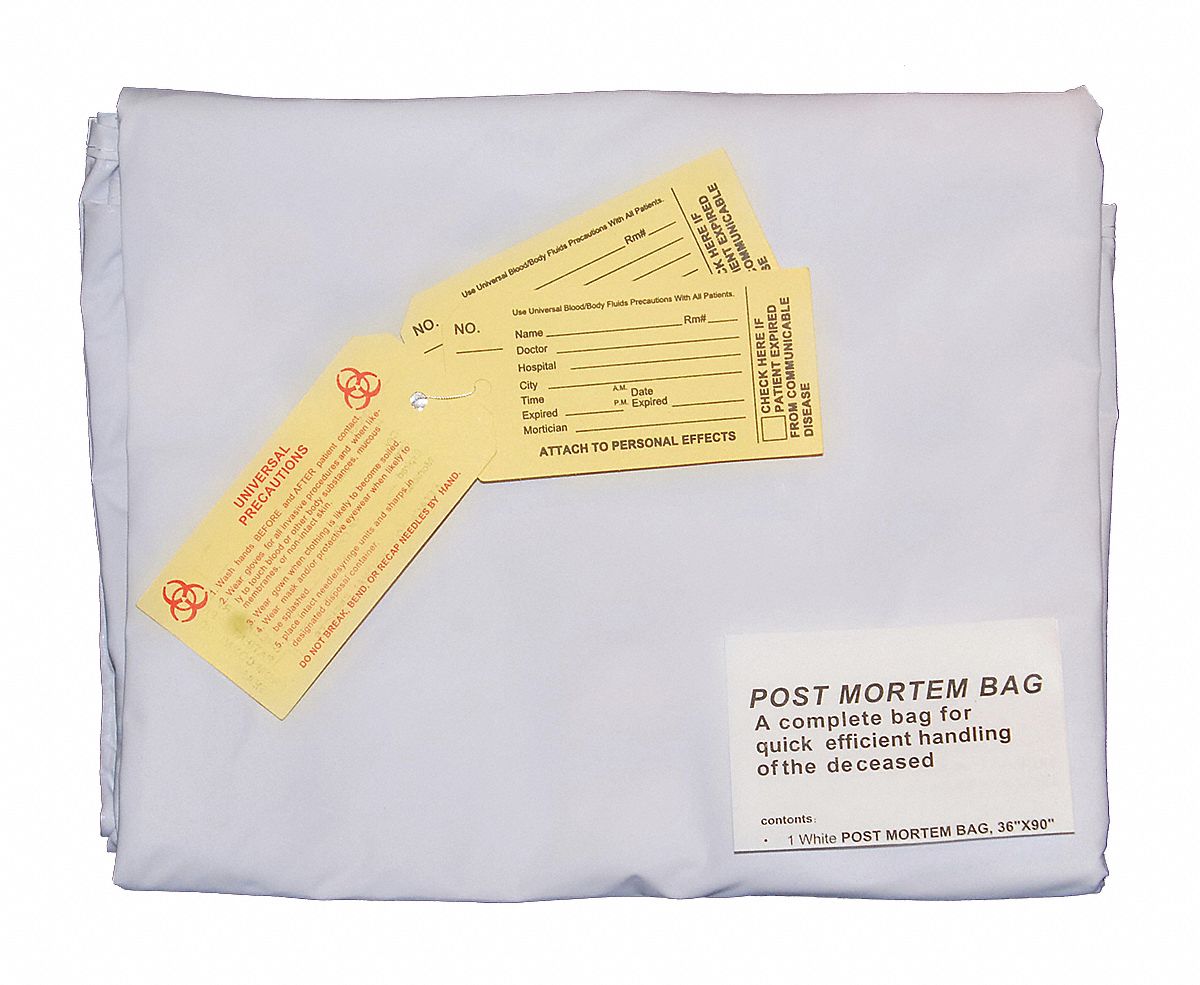 Body Bag: White, (3) ID Tags, 33 in Overall Wd, Vinyl, 1 in Overall Ht, 7 mm Thick, 10 PK