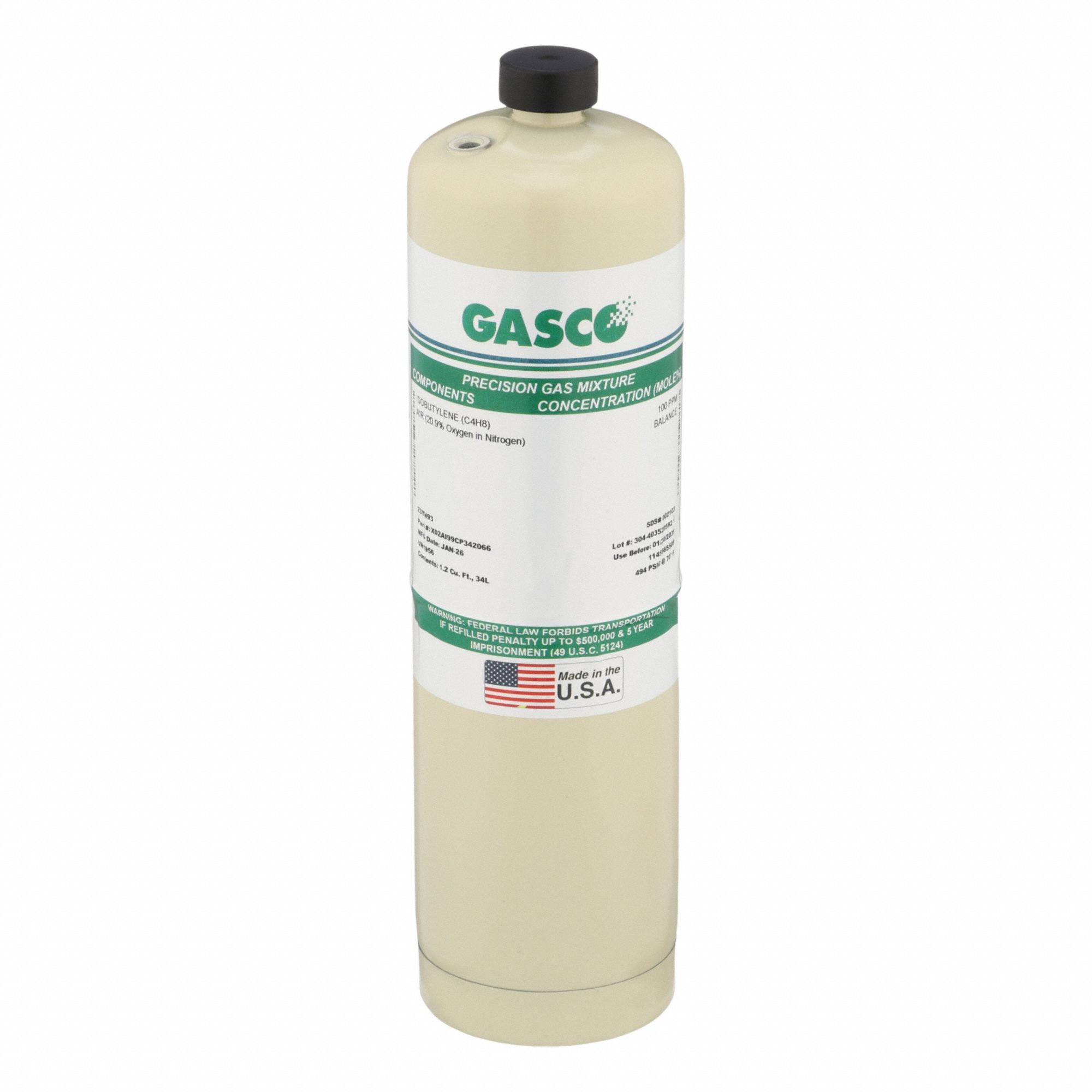 Calibration Gas: Air, Disposable, +/-5% Accuracy, 23YN93, X02AI99CP342066, Calibration Gas